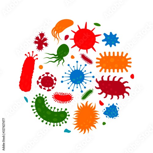 Bacteria virus flat icons. Cartoon flat microorganism circle isolated on white background, bacterial epidemic signs, micro organisms germs set. Vector illustration