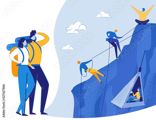 Mountaineering Scenes Set. Rescue Team Helping Climbers. Tourists Couple Ready for Journey. Climbing, Trekking and Hiking. Outdoor Recreation, Vacation Adventure. Flat Vector Illustration.