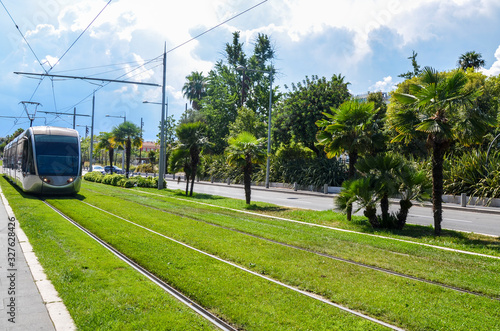 Slika na platnu A silver tram running on rails surrounded by fresh green grass in city center in Nice, France