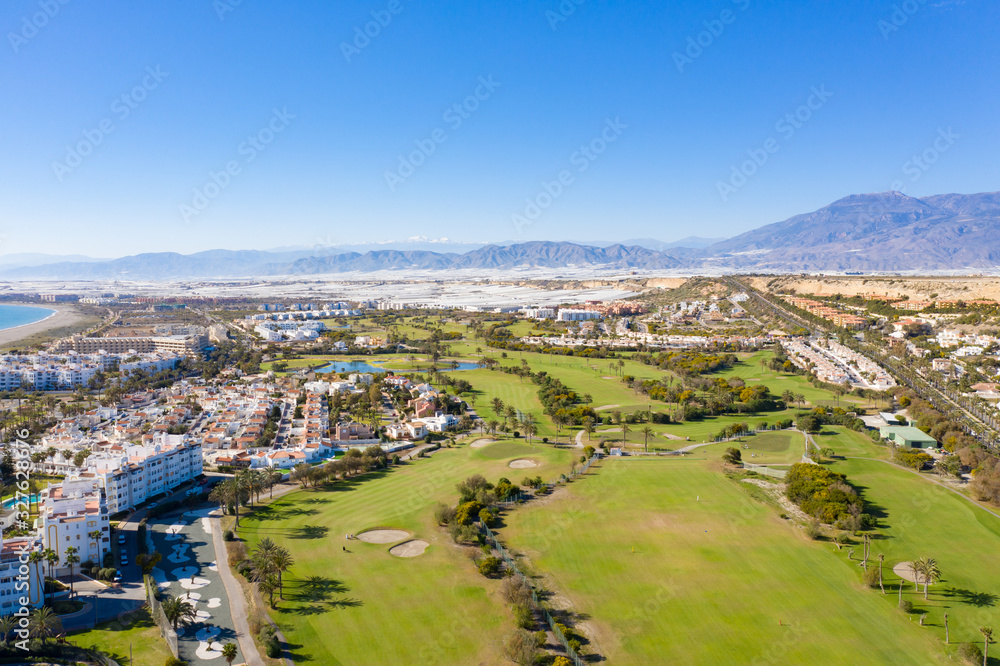 Aerial view of the golfcourse in Almerimar Spain on a sunny day Aerial view of the golfcourse in Almerimar Spain on a sunny day