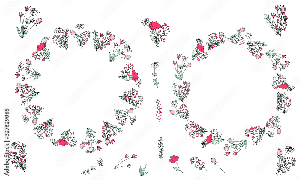 Cute flowers in doodle style. Set of wreaths, small bouquets, branches and elements of delicate multi-colored simple flowers on a white background. Hand drawing. Isolated objects. Cute flowers in doodle style. Set of wreaths, small bouquets, branches and elements of delicate multi-colored simple flowers on a white background. Hand drawing. Isolated objects.