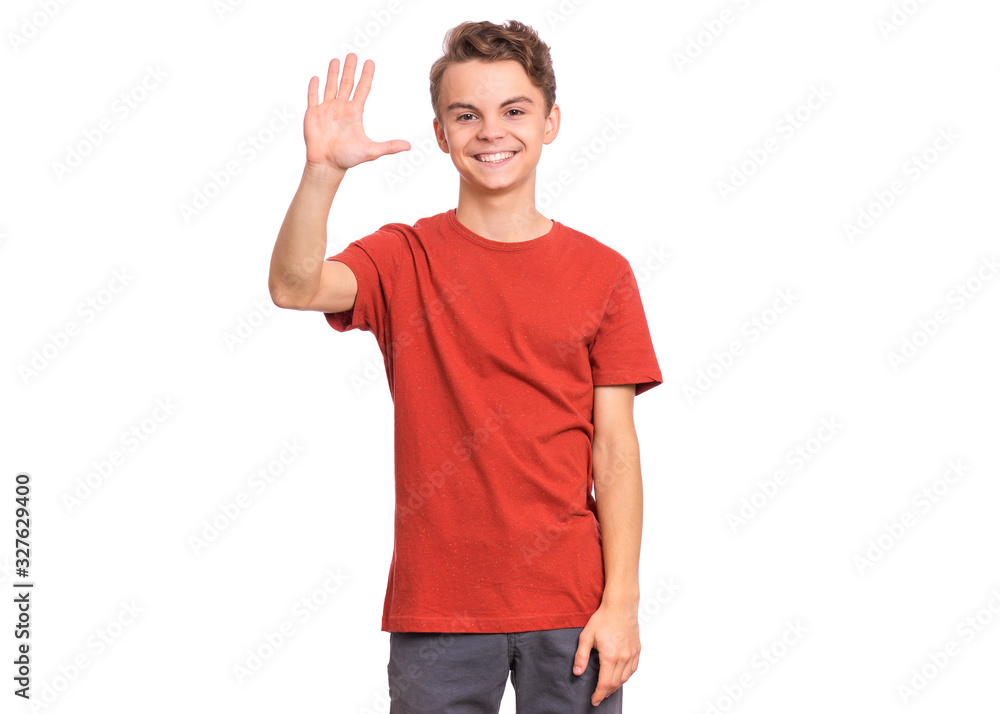 Portrait of happy teen boy showing one palm - 5 fingers, isolated on white background. Happy smiling child doing gesture of number Five. Series of photos count from 1 to 10. Portrait of happy teen boy showing one palm - 5 fingers, isolated on white background. Happy smiling child doing gesture of number Five. Series of photos count from 1 to 10.