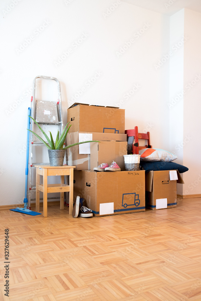 Fototapeta premium Move. Cardboard boxes, cleaning things and stuff for moving into a new, clean and bright home. Text space.