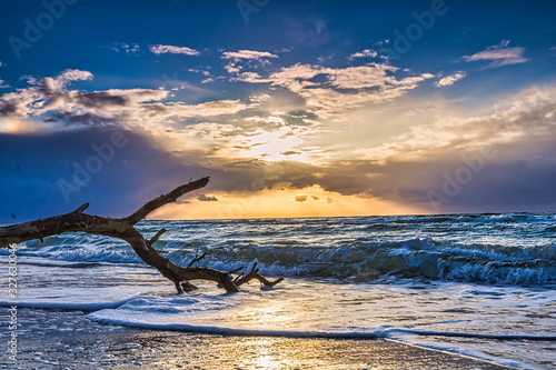 Fototapeta Naklejka Na Ścianę i Meble -  colored sunset at the beach - beautiful sunset on the baltic sea with blue sky