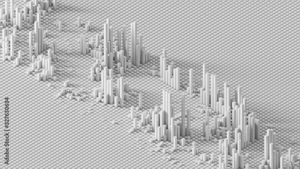 3d render of grid of blocks with pushing up details. Complex digital ...