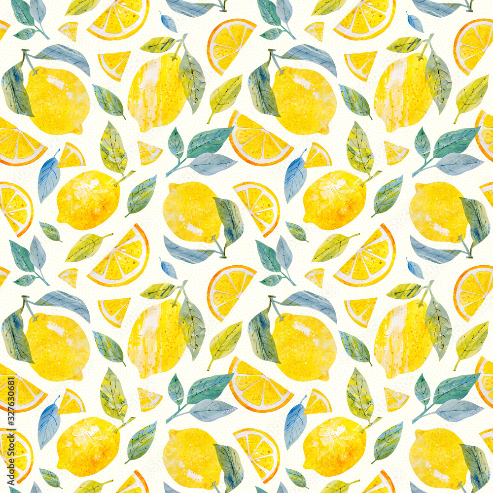 Fototapeta Lemon Seamless pattern. Handpainted paper collage. Botanical watercolor hand drawn illustration. Citrus fruit. Paper art and craft style. Cut paper. Applique. Vintage