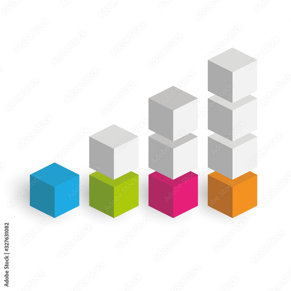 Bar chart of 4 growing columns. 3D isometric colorful vector graph. Economical growth, increase or success theme Bar chart of 4 growing columns. 3D isometric colorful vector graph. Economical growth, increase or success theme