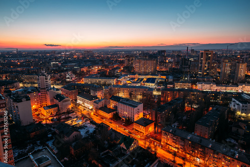 Evening Voronezh aerial cityscape from rooftop. Residential area