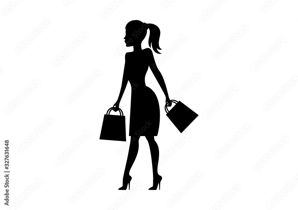 Woman silhouette with shopping bag vector. Silhouette shopping girl vector. Shopping woman black icon isolated on a white background. Young woman in high heels. Attractive girl silhouette