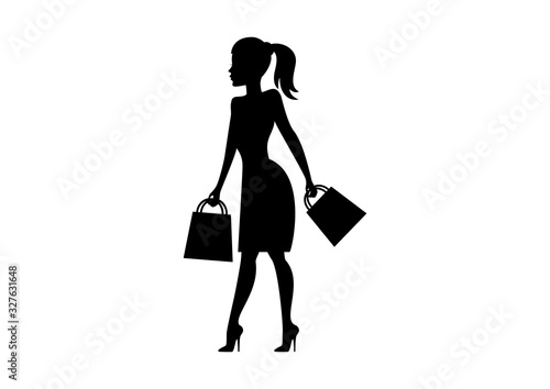 Woman silhouette with shopping bag vector. Silhouette shopping girl vector. Shopping woman black icon isolated on a white background. Young woman in high heels. Attractive girl silhouette