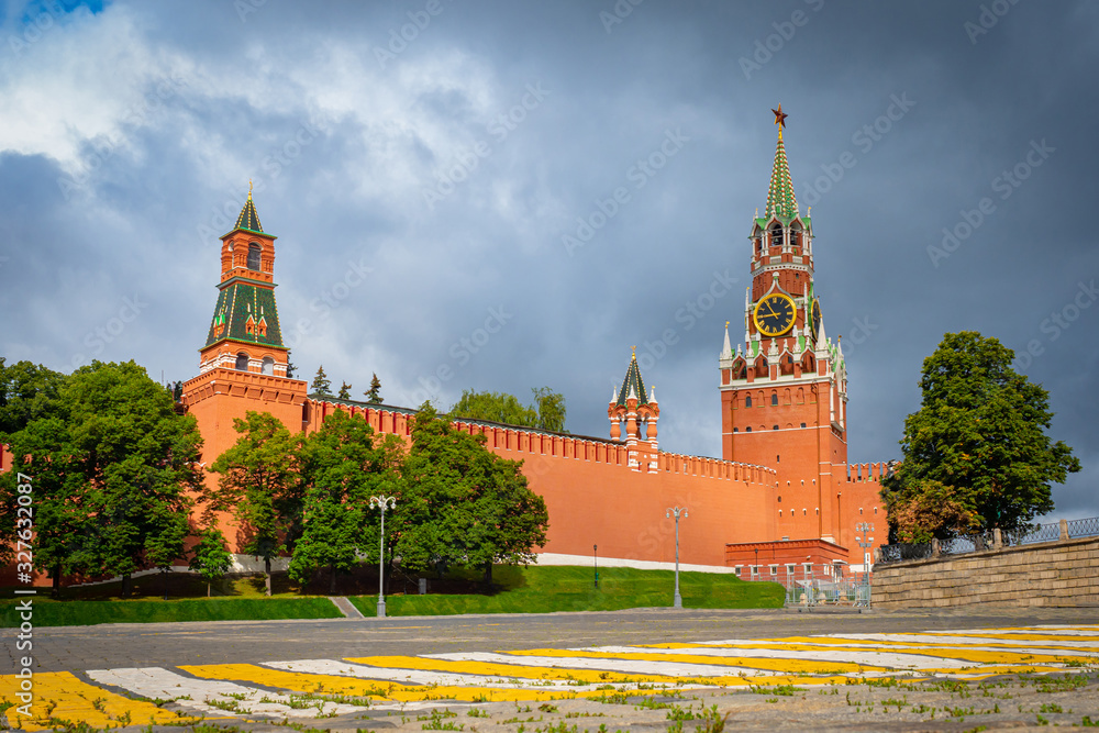 Moscow. Russia. The Moscow Kremlin. Krassnaya square. Spasskaya Tower. Pedestrian crossing near the Kremlin. Tours in Moscow. Traveling in Russia. Spasskaya tower in summer weather. Russian symbol Moscow. Russia. The Moscow Kremlin. Krassnaya square. Spasskaya Tower. Pedestrian crossing near the Kremlin. Tours in Moscow. Traveling in Russia. Spasskaya tower in summer weather. Russian symbol