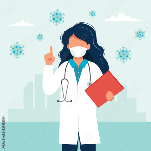 Female doctor wearing a medical mask. Coronavirus COVID-19 prevention concept. Vector illustration in flat style