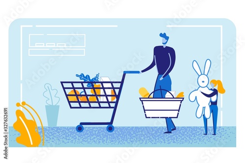 Happy Family Shopping in Supermarket. Young Father Pushing Trolley with Food and Grocery, Little Daughter Carry Huge Toy. Child with Parent in Shop Purchase on Weekend Cartoon Flat Vector Illustration