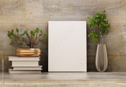 Template book on a shelf in the interior of a wooden country house. Homemade plants. Advertising the cover of the book. 3D rendering.