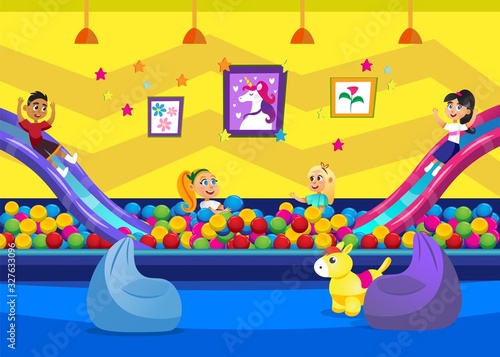 Cheerful Little Children Playing on Balls Pool Flat Cartoon Vector Illustration. Boys and Girl Having Fun Together, Characters on Slide. Play Room for Kids. Pictures Hanging on Wall.