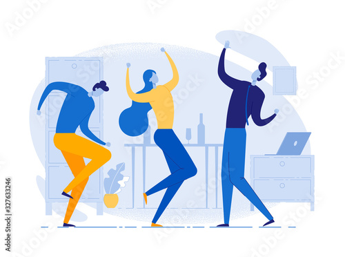 Young Adults Dancing Flat Vector Illustration. Office Workers, Company Employees, Cheerful Friends Cartoon Characters. Colleagues Celebrating Business Success Achievement. Corporate Party Concept