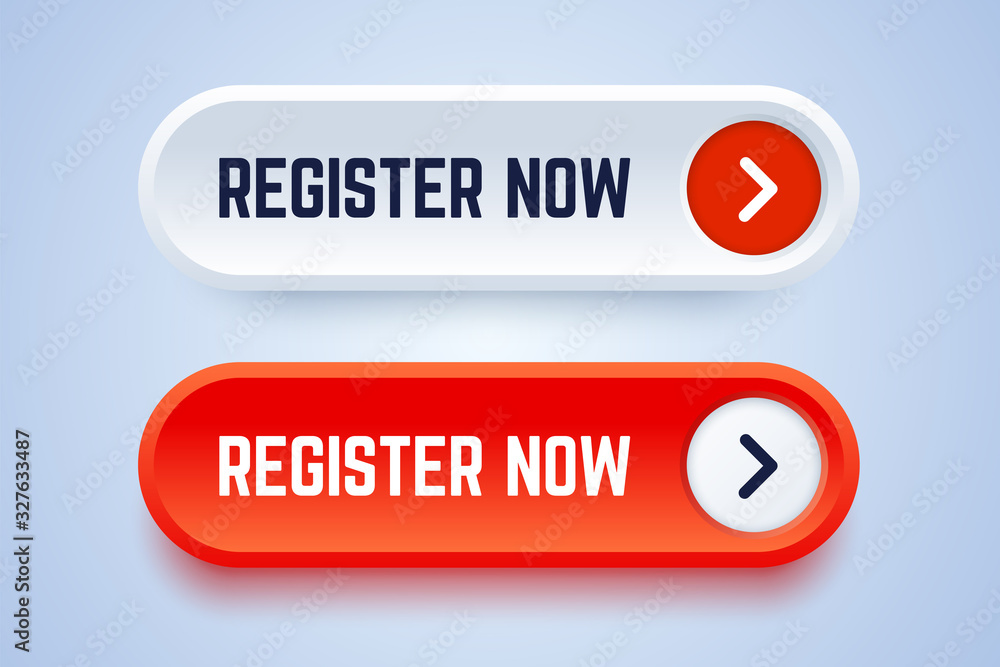 Register now buttons in two options with an arrow. White and red colors. Vector button for registration in services, blogs, websites. Register now buttons in two options with an arrow. White and red colors. Vector button for registration in services, blogs, websites.