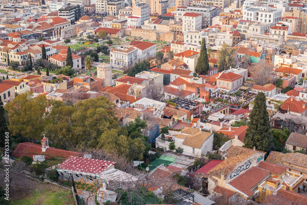 Aerial view of preserved historic buildings in the Plaka neighborhood of Athens, on the slopes of Acropolis, Greece