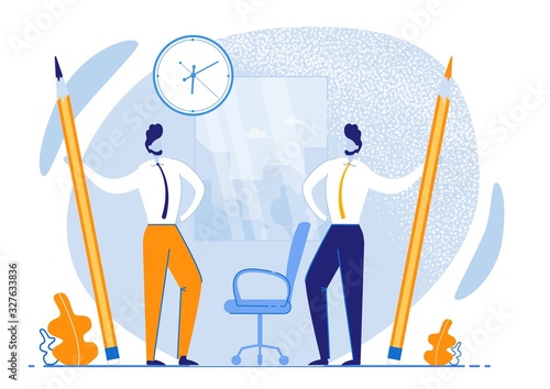 Informational Flyer Effective Time Management. Most Efficient use Time. Men Suits Proudly Stand in Office and Hold Huge Pencils. Methods and Skills Increase Productivity. Vector Illustration.
