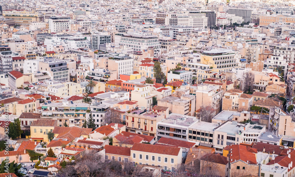 Aerial view of preserved historic buildings in the Plaka neighborhood of Athens, on the slopes of Acropolis, Greece