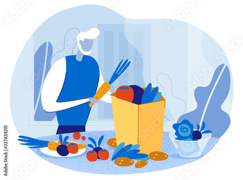 Cartoon Old Man Character with Groceries Paper Shopping Bag Filled Healthy Organic Food. Elderly Male Person Unpacking Vegetables. Home Kitchen Interior. Vector Flat Cutout Illustration