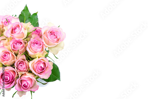 Bouquet of roses on a white background. Copy space. Spring concept.
