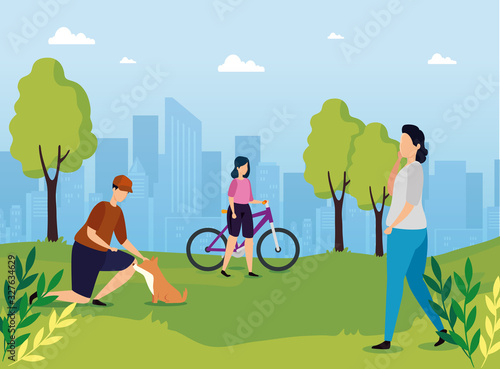 people in park with urban landscape vector illustration design