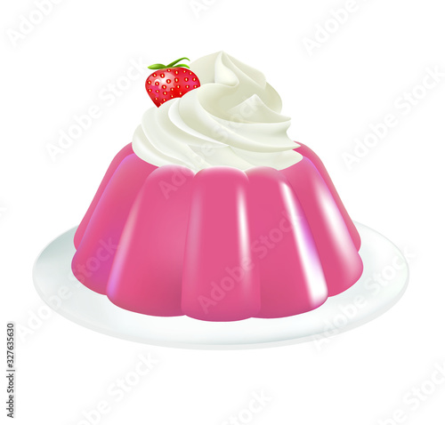 Strawberry pudding with cream in plate. vector