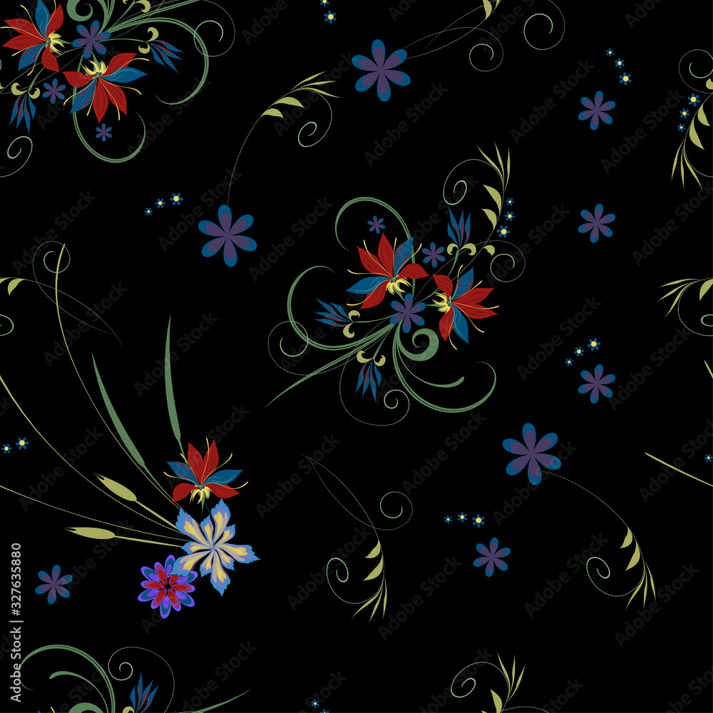 Vector floral seamless pattern on a black background. A bouquet of flower and stems, small flowers scattered on the surface for the design of silk fabric, textile shawls, hijab, scarf, paper.