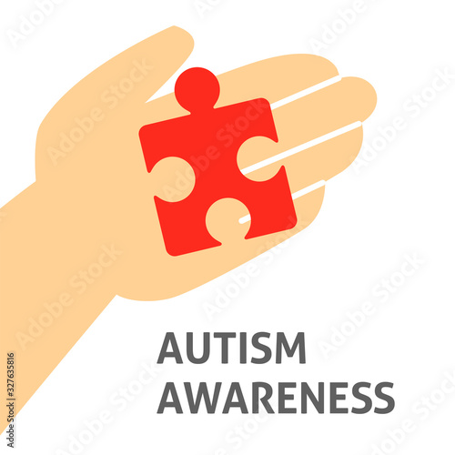 A square vector image with a hand holding a  puzzle for the autism awareness day. A template for a medicine flyer poster card design 