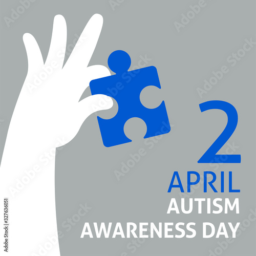 A square vector image with a hand holding a  puzzle for the autism awareness day. A template for a medicine flyer poster card design 