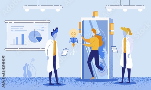 Flyer Participants Consider Interesting Ideas. Creative Process Generating Original Ideas. People in White Coats are Exploring Flying Light Bulb. Woman goes Through Detector. Vector Illustration.