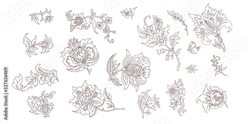 Set of decorative fancy flowers, vector line art