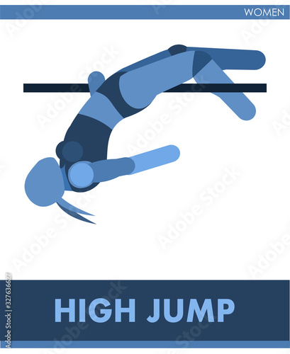 High jump pictogram. Woman competes in high jumping. Icon of sportswoman track and field. Women or girls athletics. International female summer sports. Symbolic image is one of a series.  Vector