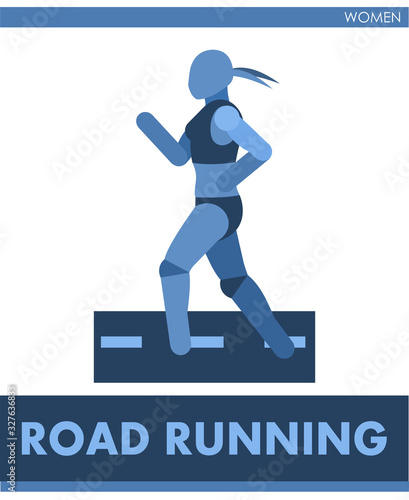 Road run pictogram. Woman competes in road running. Icon of sportswoman track and field. Women or girls athletics. Run. International female summer sports. Symbolic image is one of a series. Vector is