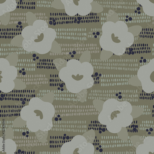 Pretty dark floral daisy circle texture background. Variegated dotty flower seamless pattern. Funky sage green  all over print. Elegant trendy moody modern fashion swatch.