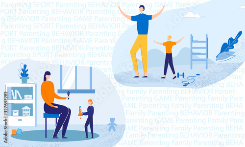 Parenting and Happy Family Relations. Young Mother Sitting on Chair Holding Comb for Playing with Little Daughter, Father Doing Morning Sport Training with Son Cartoon Flat Vector Illustration, Banner