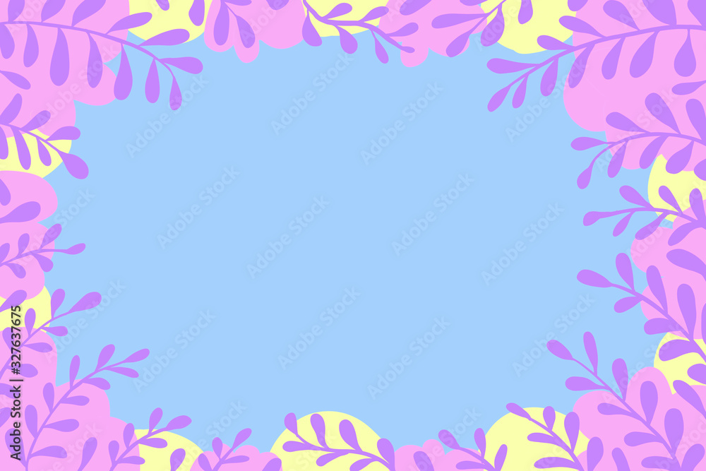 Beautiful frame with blue background and pink, yellow, purple leaves, patterns