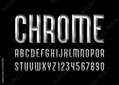 Chrome alphabet from chiseled block, font with effect of metallic, beveled letters and numbers, vector illustration 10EPS for you design