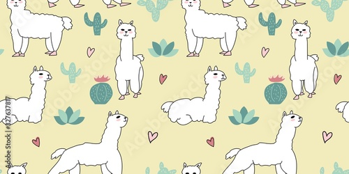 Cute alpaca seamless pattern design with cactus. Soft white llama for kids with colorful design. Vibrant and cute vector design for textile wallpaper fabric decor.