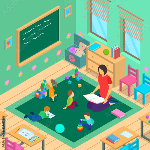 Color Characters People and Kindergarten Interior Inside Concept 3d Isometric View. Vector