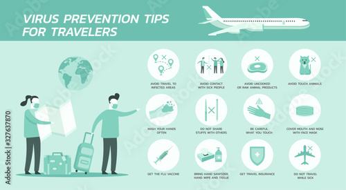 virus prevention tips for travelers infographic concept, healthcare and medical about flu and fever protection, new normal, vector flat symbol icon, layout, template illustration in horizontal design