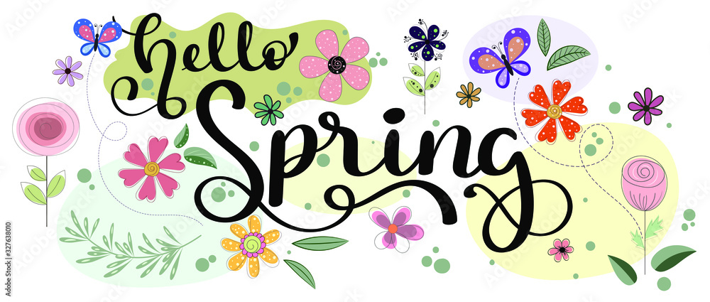 Hello Spring. Hello SPRING vector with flowers and leaves. Illustration Welcome Spring