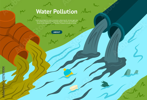 Cartoon Color Water Pollution Concept Banner. Vector