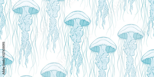 Seamless pattern with jellyfish floating in the sea. Beautiful inhabitants of the underwater world.