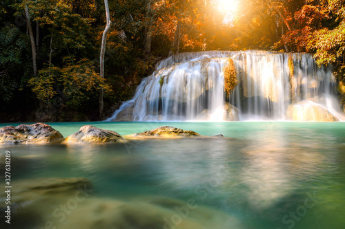 Deep forest waterfall at Erawan waterfall National Park Kanjanaburi Thailand