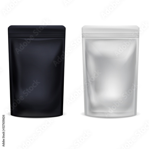 Realistic Detailed 3d White and Black Blank Plastic Packaging Zipper Template Mockup Set. Vector