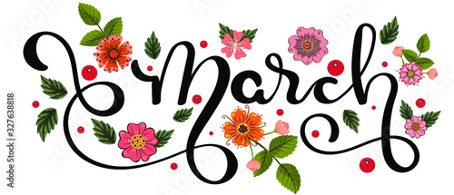 Hello march.  Hello march month decoration with flowers and leaves. Illustration month march