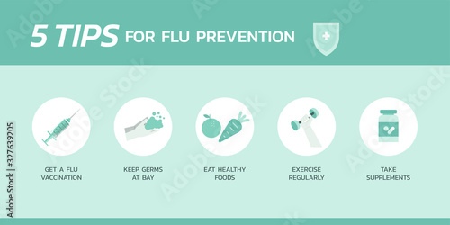 five tips for flu prevention infographic concept, healthcare and medical about fever protection, vector flat symbol icon, layout, template illustration in horizontal design