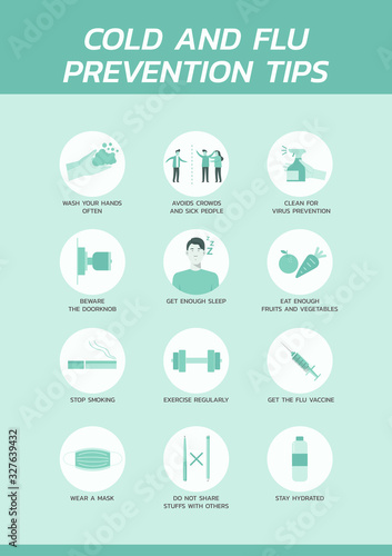 nine cold and flu prevention tips infographic concept, healthcare and medical about fever protection, vector flat symbol icon, layout, template illustration in vertical design